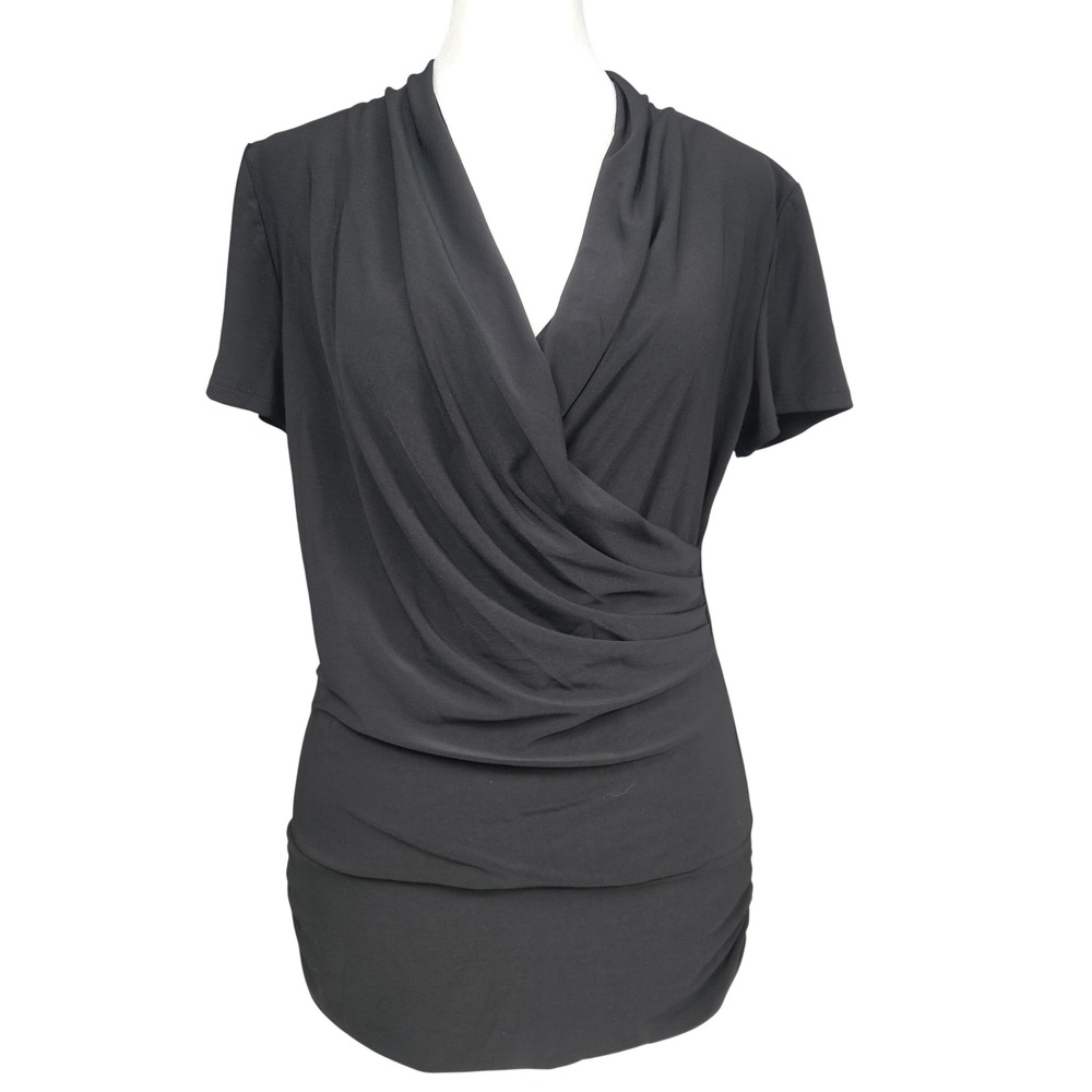 Avital Womens Blk Ruched Surplice Draped V-Neck Short Sleeve Top 1069 Medium NEW